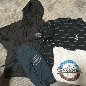 Quicksilver Jacket YS, T-shirt YM, Volcom hoodie YM, Volcom and Vans sweats.